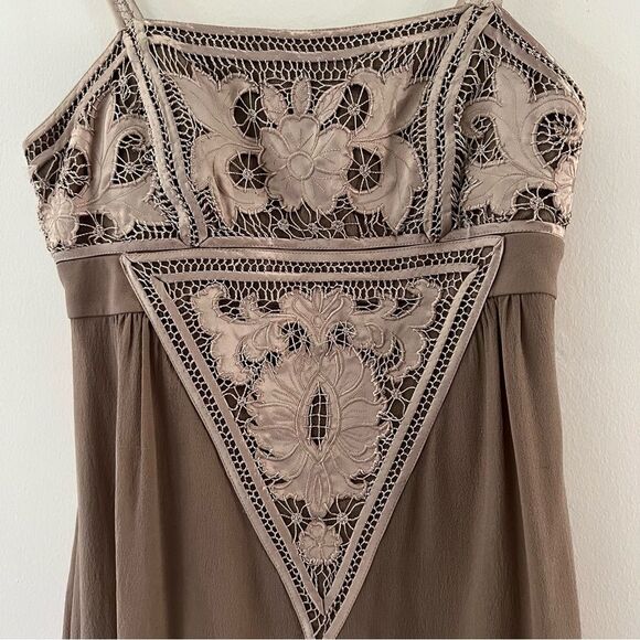 Sue Wong Vintage Silk Dress Y2K Embroidered Bubble Hem Taupe Mini Size XS - Picture 2 of 11